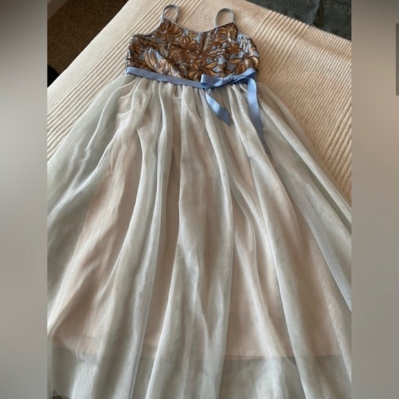 Girls Ballerina Dress in Baby Blue with Gold Sequins, double tulle skirt - Picture 5 of 15